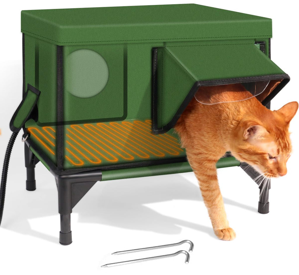 Elevated Heated Cat House for Outdoor Cat, Outside Heated Cat Bed Cat Shelter Kitty with Pet Heating Pad, Waterproof & Safe Escape Door & Insulated, Weatherproof Home for Stray Cat
