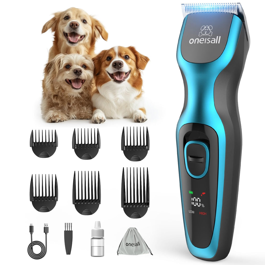 Oneisall Dog Clippers for Grooming - 2-Speed Super Power, 50dB Quiet Rechargeable Cordless Trimmer With Detachable Stainless Steel Blade for Small & Large Dogs With Thick Coats