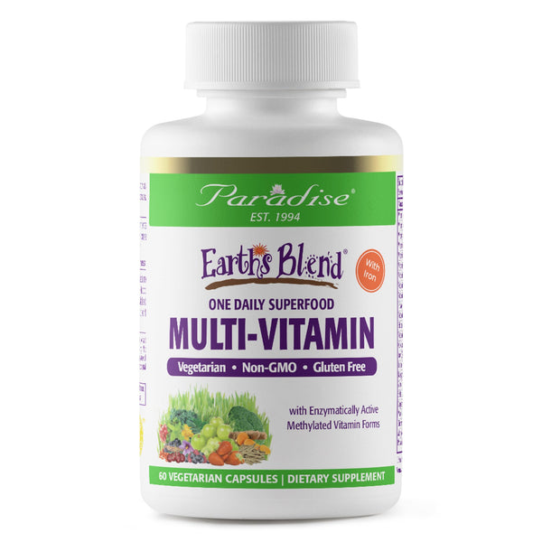 Paradise Herbs Earth's Blend Women's Once Daily Multivitamin with Iron, 48 Organic Superfoods, Probiotics, Antioxidants, Vitamins A, B12, C, D, K2, 60 Capsules