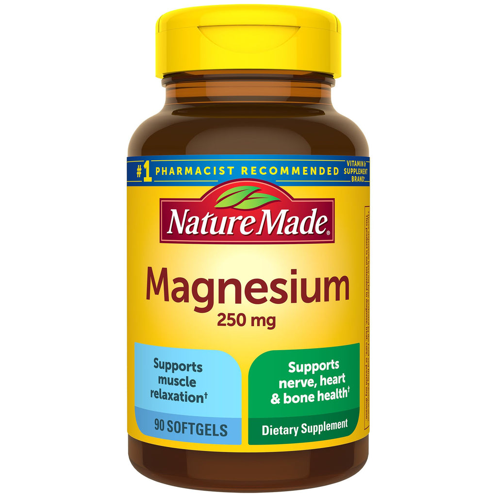 Nature Made Magnesium 250 mg, Magnesium Supplement for Muscle, Heart, Bone and Nerve Support, 90 Softgels, 90 Day Supply