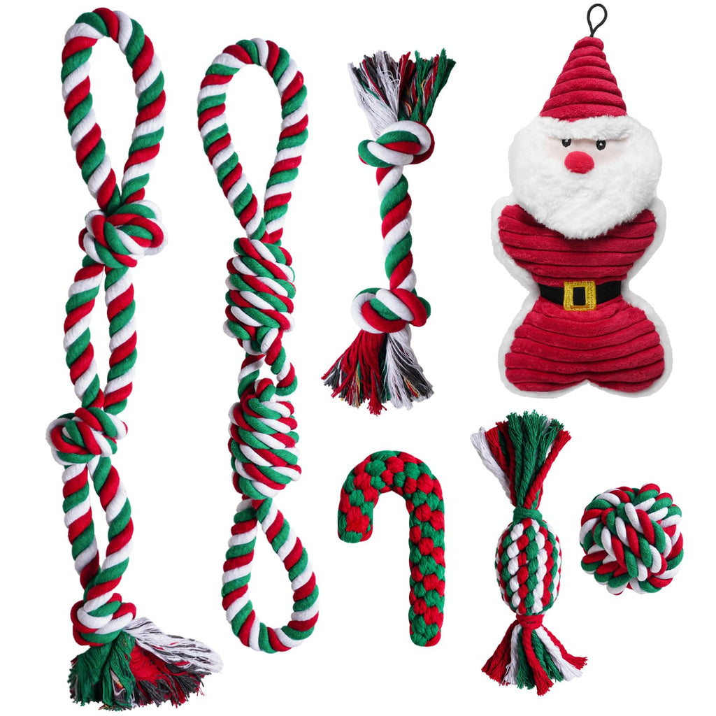 Aitmexcn Christmas Dog Toys Set, 7 Pack Cotton Dog Rope Toys for Large Dogs and Medium Aggressive Chewers, Cute Interactive for Large Dogs, Dog Squeaky Toys, Chewing Toys for Teeth Cleaning
