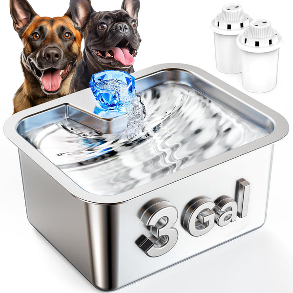 Stainless Steel Dog Water Fountain, 3 Gallon Extra Large Pet Water Fountain for Large Dogs, Automatic Big Dog Water Bowl Dispenser Dog Drinking Fountain with 2 Filters, Easy to Clean, Quiet Pump