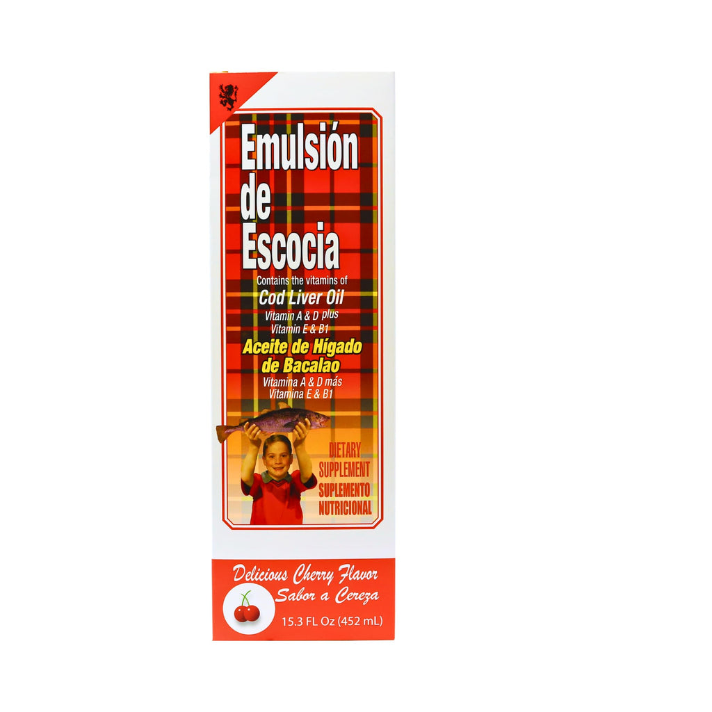 EMULSION DE ESCOCIA Cod Liver Oil, Dietary Supplement, Vitamins A, B1, D and E, Immune System Support, Cherry Flavor (15.3 Fl Oz/Pack of 1)