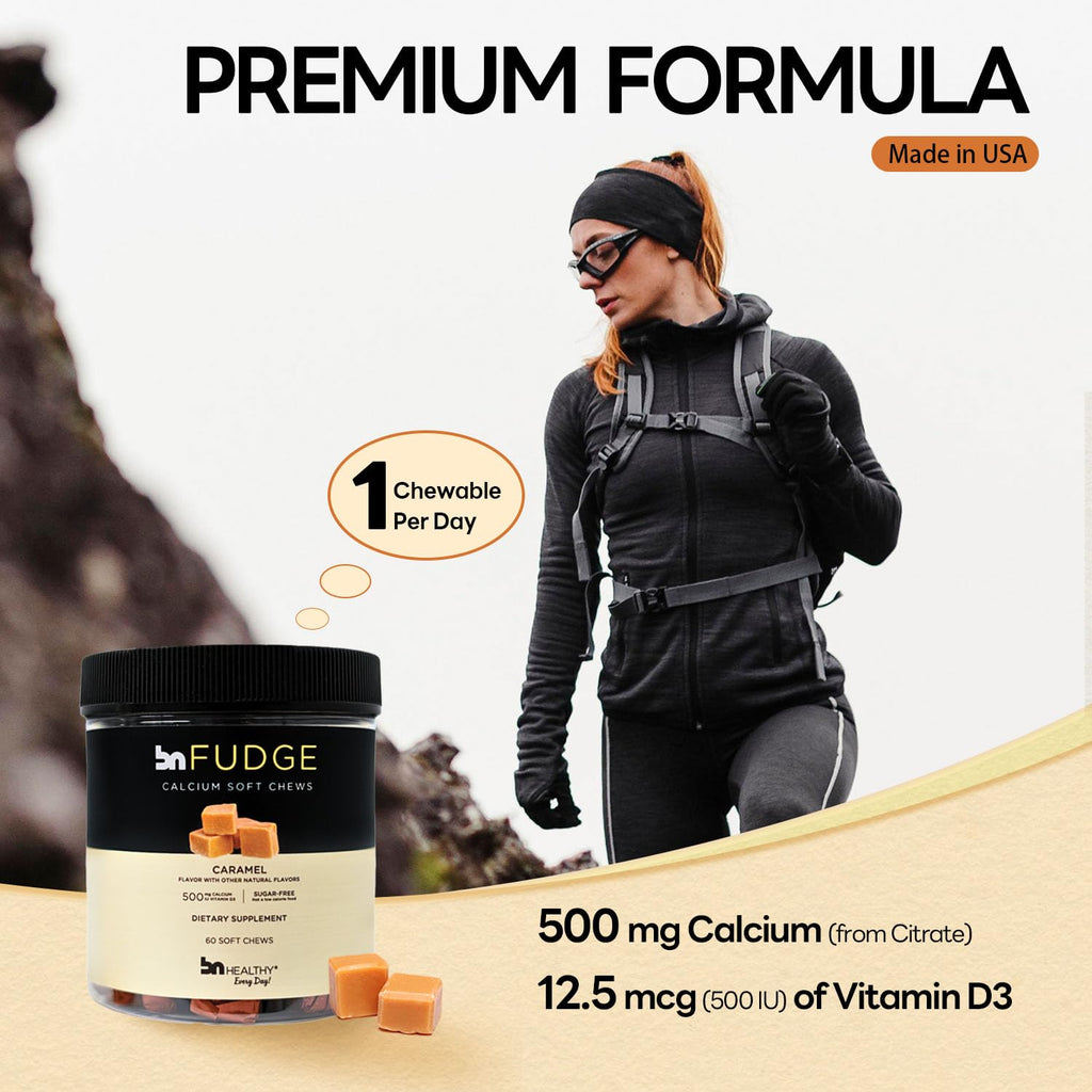 BN Healthy Calcium Chews, 500IU with Vitamin D3, 500 mg Calcium for Bone Health & Strength, Minerals Complex, Gentle Digestion, Sugar Free, Gluten Free, Caramel Flavor, 60 Counts