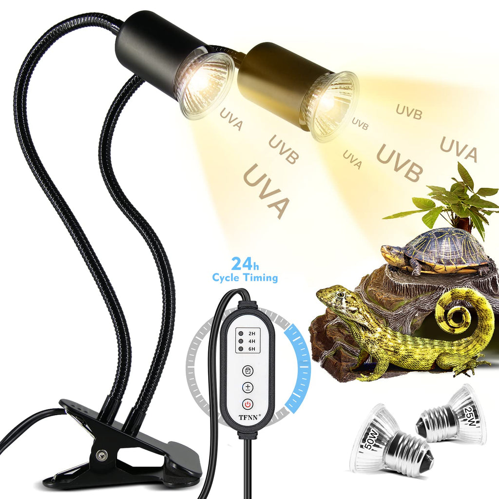 Reptile Heat Lamp, Double-Head Heat Lamp with Clamp, UVA UVB Reptile Light with Intelligent Cycle Timer for Turtle, Bearded Dragon, Lizard and More, 2 Bulbs 25W+50W