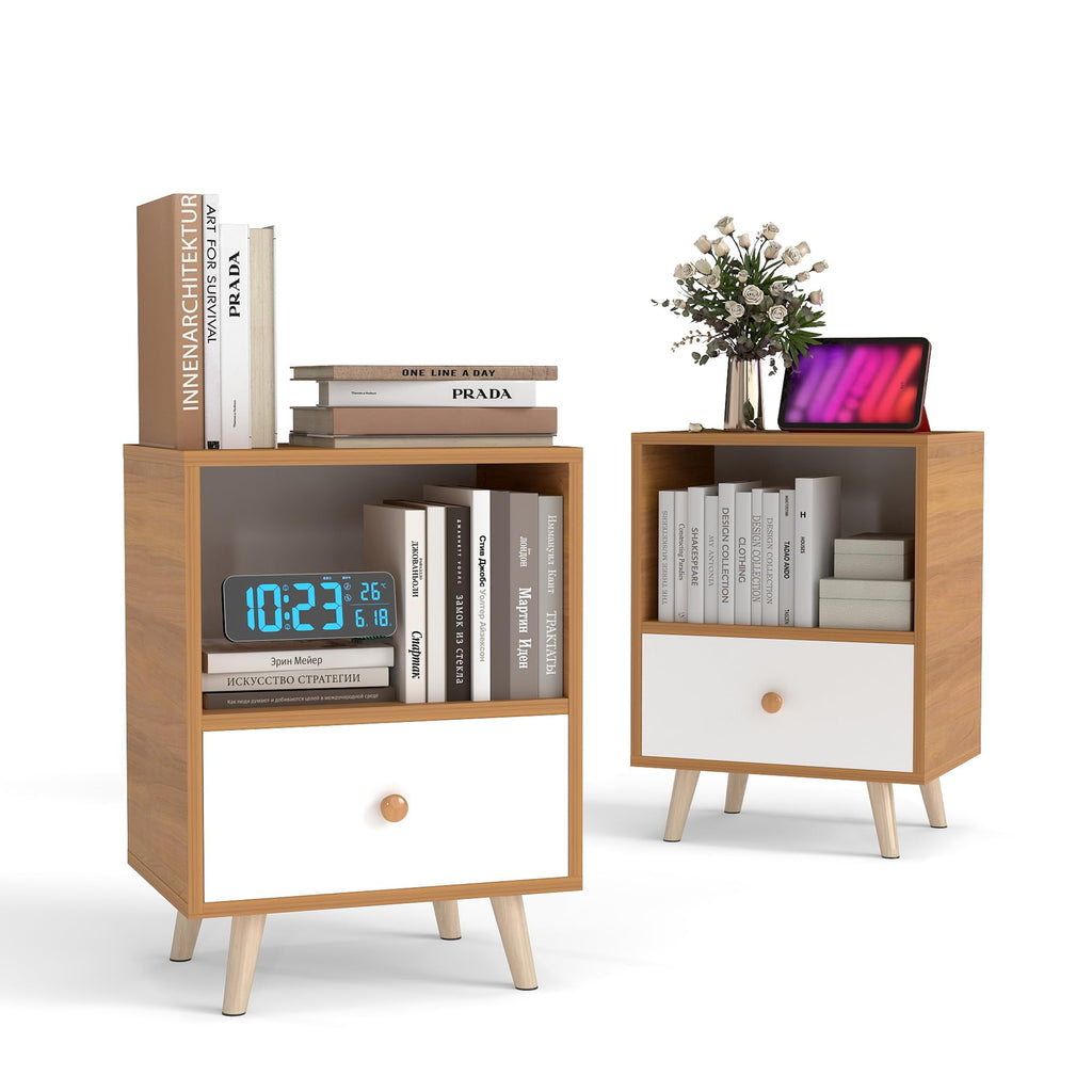 JAXPETY Set of 2 Modern Wood Nightstand, Bedside Table with Drawer, Bedside Furniture, Night Stand, End Table with Open Shelf and Solid Wood Legs for Home Bedroom, Brown