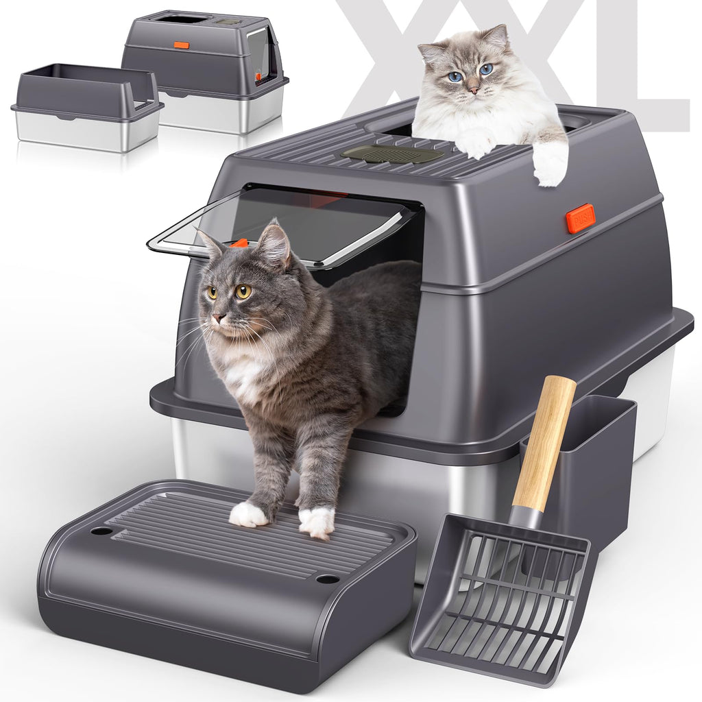 Stainless Steel Cat Litter Box with Lid & Cover, 23.7" No Smell Extra Large Metal Covered Cat Litter Box for Big Cats, Enclosed Removable with Enclosure, Anti-Leakage