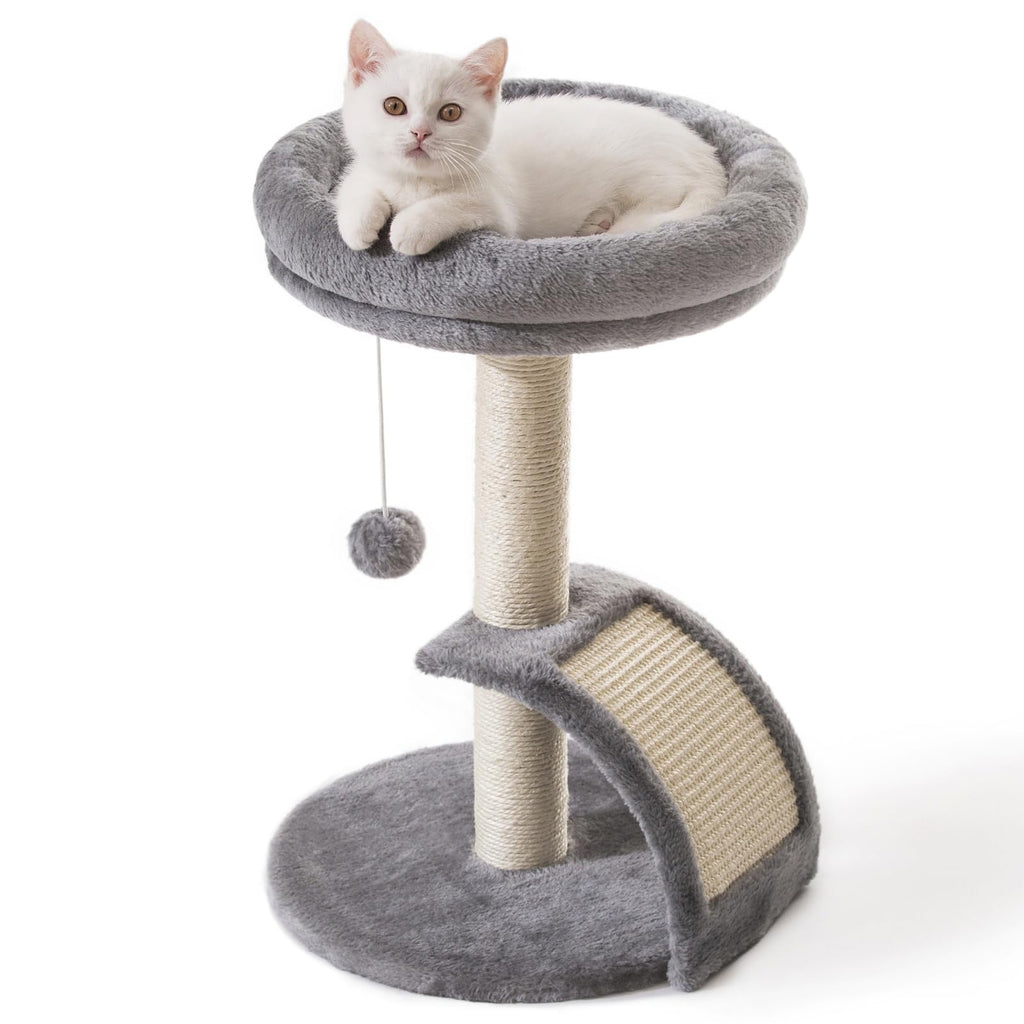 Goozii Small Cat Tree Tower with Scratching Post, Modern Kitten Tower for Indoor Cats, Short Carpet Sisal Cat Scratcher Stand with Large Bed Perch, Scratch Ramp, Toy Ball for Kitty Play (Grey)