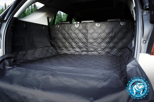 Bulldogology SUV Cargo Liner for Dogs 55"x82" Heavy Duty Pet Trunk Cargo Cover Area - Trunk Cover Car Protector for Dogs Waterproof Nonslip Mat - Dog Cargo Liner SUVs Vans Cars (Large, Black)