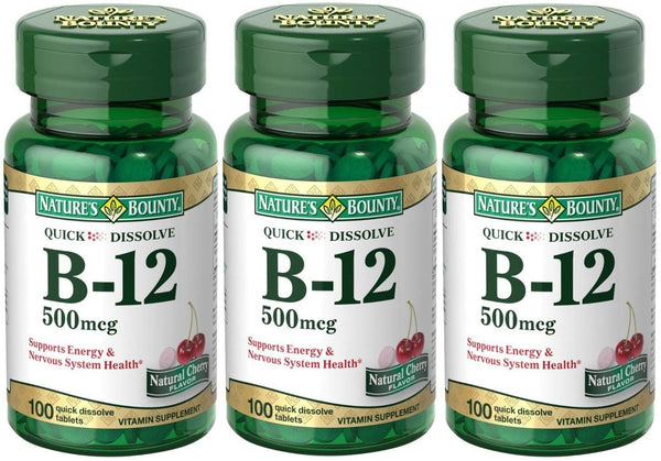 Nature's Bounty B-12 Quick Dissolve Tablets 500 Mcg, 100 Count (Pack of 3)