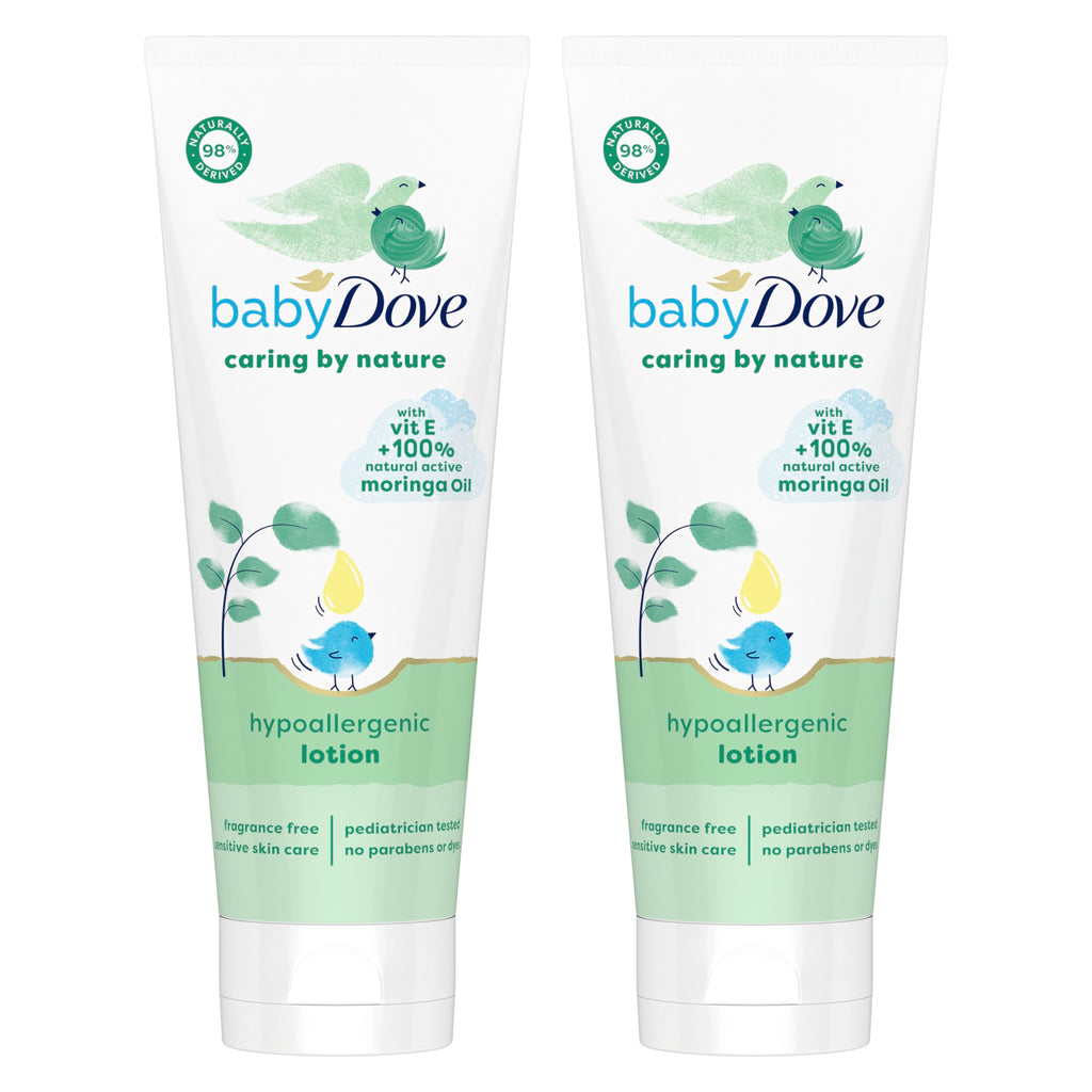 Baby Dove Hypoallergenic Lotion Caring By Nature 2 Count Build a Healthy Foundation for Your Baby's Skin Contains Vitamin E and 100% Natural Moringa Oil 13.5 fl oz (Pack of 2)
