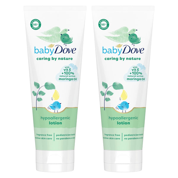 Baby Dove Hypoallergenic Lotion Caring By Nature 2 Count Build a Healthy Foundation for Your Baby's Skin Contains Vitamin E and 100% Natural Moringa Oil 13.5 fl oz (Pack of 2)