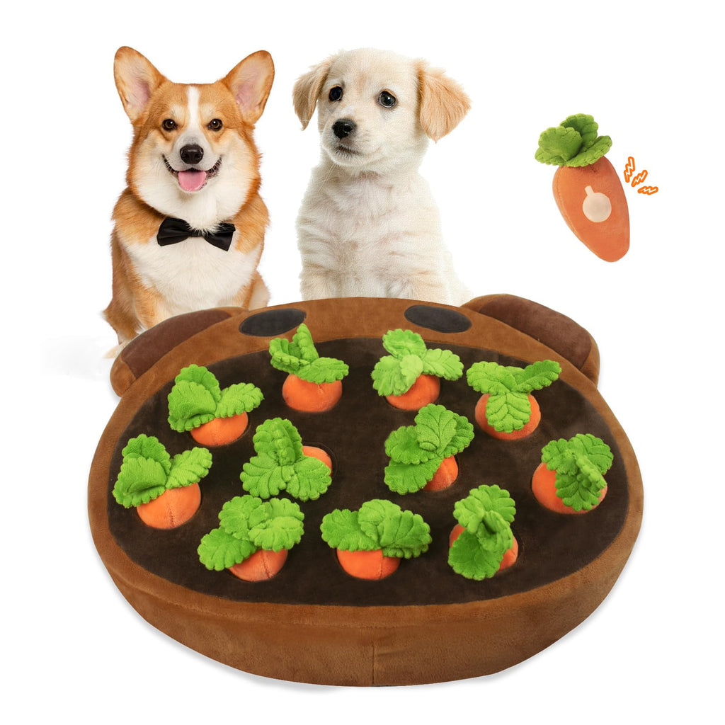 KKLUU Dog Enrichment Puzzle Interactive Dog Toys Farm Snuffle Mat, Hide and Seek Carrot Farm Dog Toys, 11 Squeaky Carrots Carrot Patch Dog Snuffle Toy for Small Medium and Large Dogs Brown