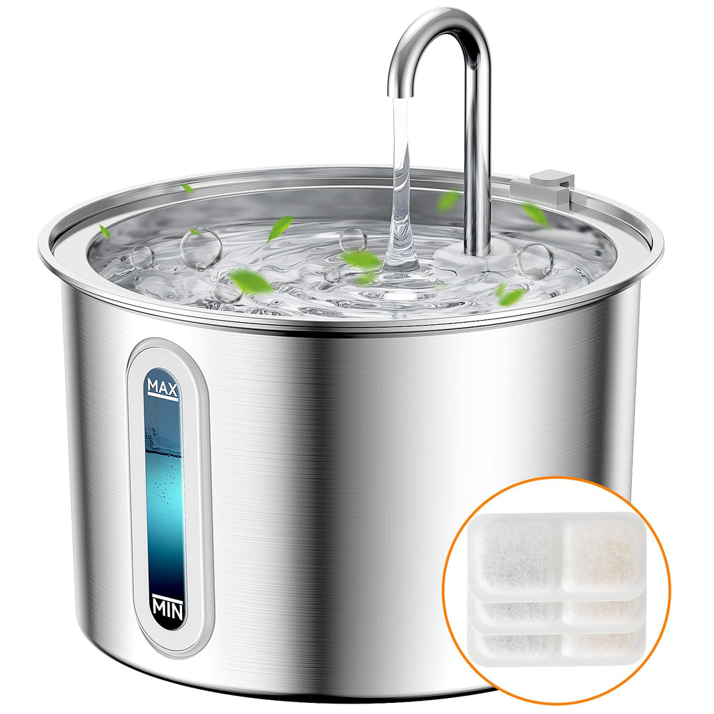 oneisall Stainless Steel Cat Water Fountain, 2L Water Fountains for Cats Indoor with Quiet Pump and 3 Replacement Filters, Pet Water Fountain Faucet Spout Design Cat Fountain Drinking Inside, PWF 001