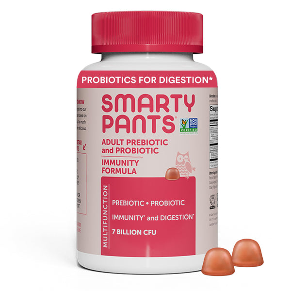 SmartyPants Men's & Women's Probiotic Immunity Gummies: Prebiotics & Probiotics for Digestive Health & Immune Support Supplement, Gluten Free, Vegan, Strawberry Crème Flavor, 60 Count (30 Day Supply)