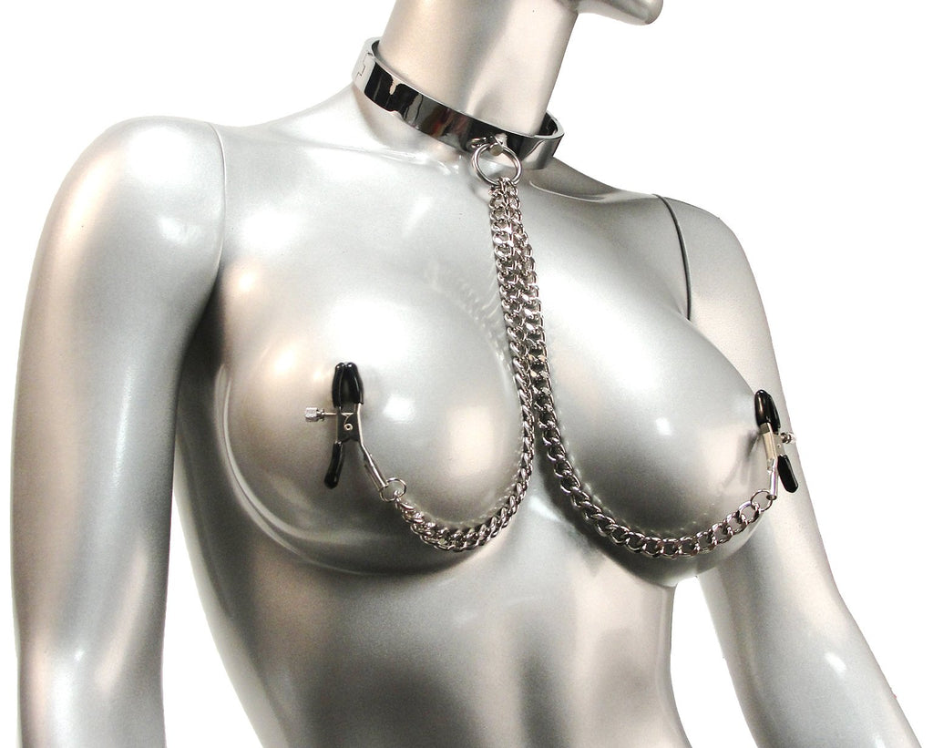 Master Series Chrome Slave Collar with Nipple Clamps, Small/Medium