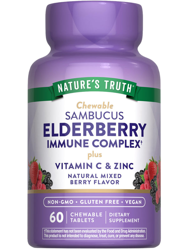 Nature's Truth Elderberry Immune Complex | 60 Chewable Tablets | Plus Vitamin C & Zinc | Mixed Berry | Vegetarian, Non-GMO, & Gluten Free Supplement