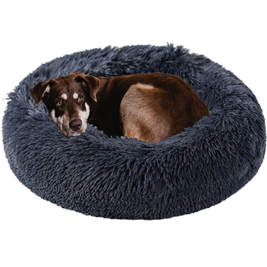 Kimpets Dog Calming Beds for Small Medium Large Dogs - Round Donut Washable Puppy Dog Bed, Anti-Slip Faux Fur Fluffy Donut Cuddle Anxiety Cat Pet Bed(28" Dark Grey)