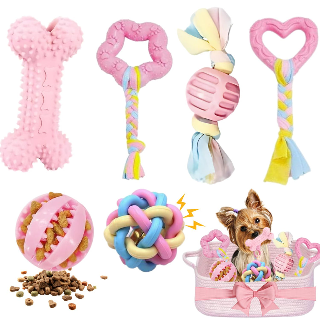 Pink Puppy Toys, 6- Pack Teething Chew Toys, Soft Durable Rubber Teething Toys for Puppies Small Breeds, Eco-Friendly, Interactive Puppy Chew Toys for Small Dogs, (Basket not Included)
