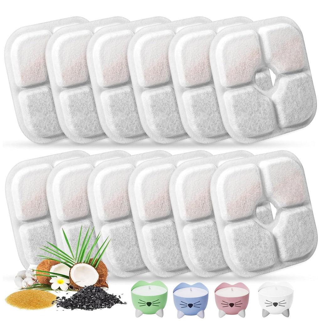 Cat Water Fountain Replacement Filters Fit for 2.5L Fountain with Whiskers Pattern Triple Action Water Pet Cat Drinking Fountain Filter Pack of 12