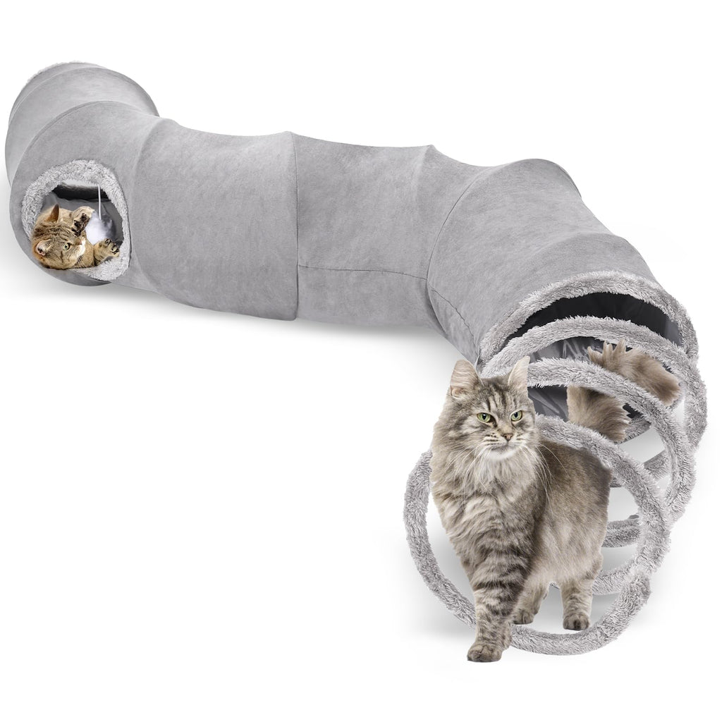 S-2-Way Cat Tunnel for Indoor Cats - 59x10Inches,Collapsible Play Tunnel, Interactive Toy with 2 Hidden-Exits&Hanging Balls, Cat Spiral Tunnel for Cats, Puppy, Kitty, Kitten, Rabbit (Gray)