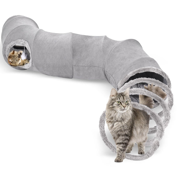 S-2-Way Cat Tunnel for Indoor Cats - 59x10Inches,Collapsible Play Tunnel, Interactive Toy with 2 Hidden-Exits&Hanging Balls, Cat Spiral Tunnel for Cats, Puppy, Kitty, Kitten, Rabbit (Gray)