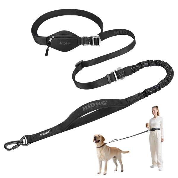 MIDOG Multifunctional Dog Leash Hands Free for Large Dogs - Adjustable Waist Leash with Zipper Pounch& Bungee Cord for Jogging/Running/Walking(4-7FT,Black)