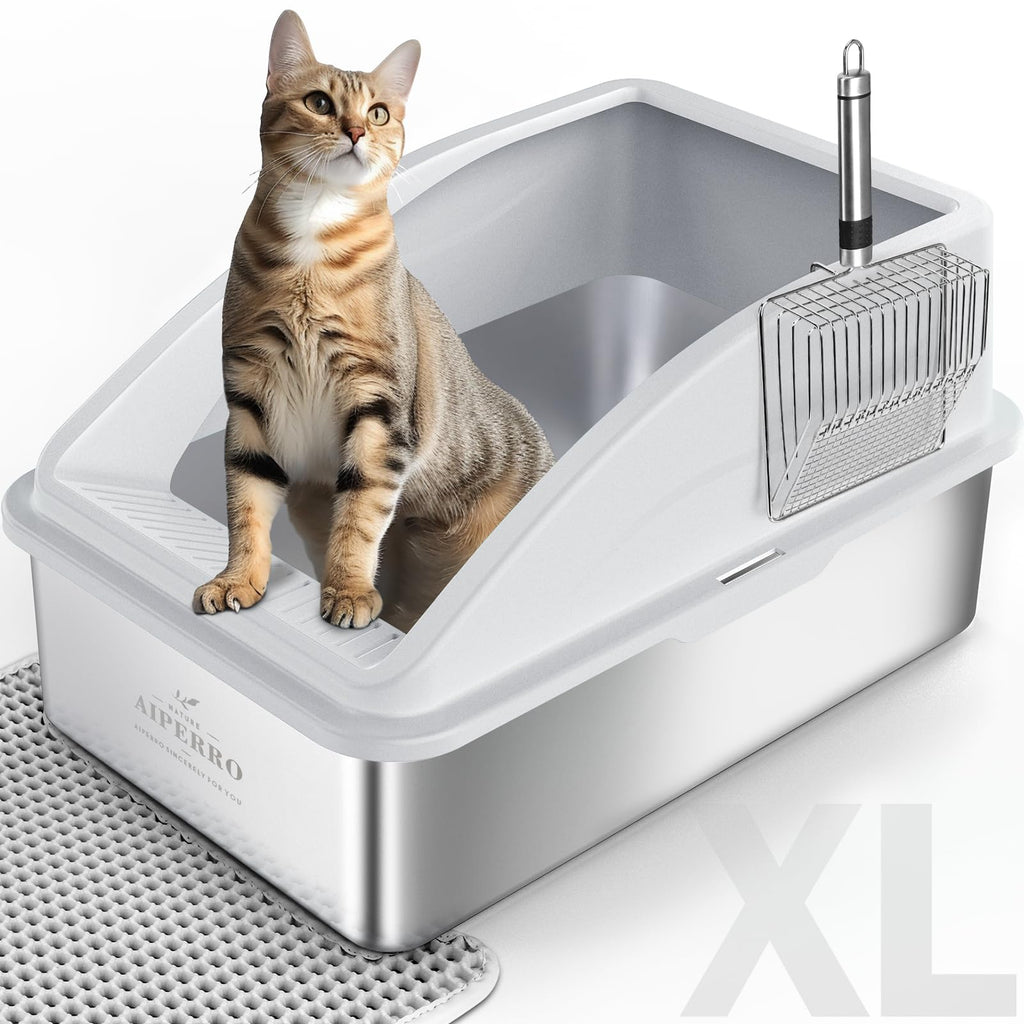 Stainless Steel Litter Box | XL Enclosed Cat Litter Boxs with Lid for Big Cats | High Sided, Anti-Urine Leakage | Non-Stick Bottom & Includes Litter Mat & Metal Scoop