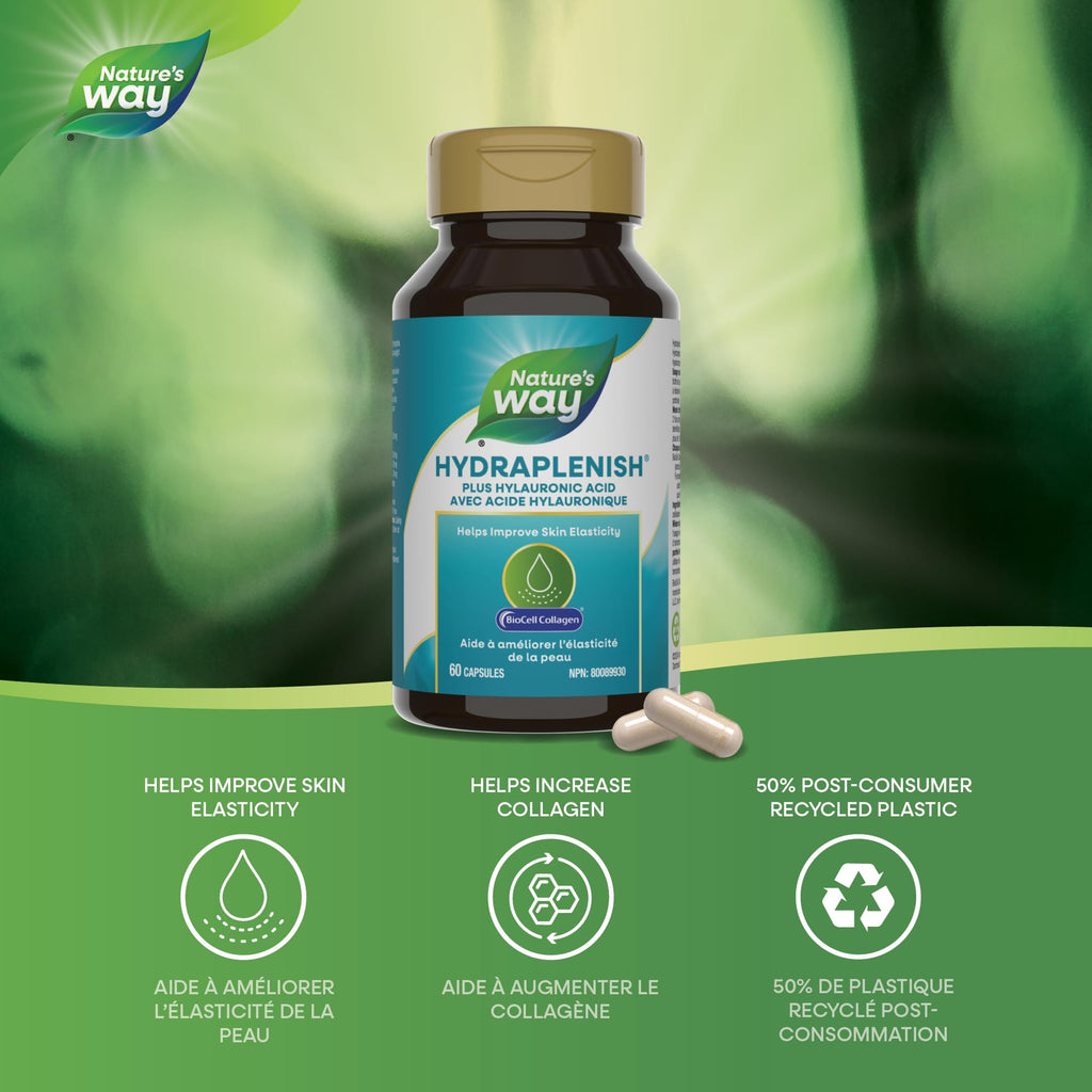 Nature’s Way Hydraplenish, with Unique BioCell Collagen, Hyaluronic Acid, Supports Healthy Skin*, Promotes Skin Collagen Production*, Promotes Skin Elasticity,* 60 Capsules (Packaging May Vary)