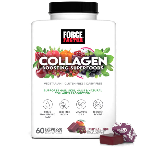 Force Factor Collagen Boosting Superfoods, Vegan Collagen Booster for Women, with Biotin, Hyaluronic Acid, and Vitamin C, for Hair, Skin, Nails, & Joint Support, Tropical Fruit, 60 Soft Chews
