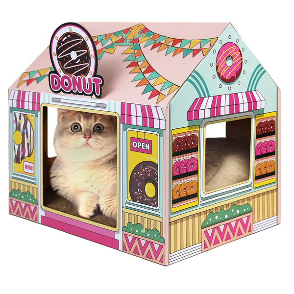 SEKAM Cardboard Cat House with Scratcher/Catnip (16.5'' x 12'' x 15''), Donut Shop for Indoor/Outdoor, Cat Scratch Box & Home Decor, Hideout for Small Animals