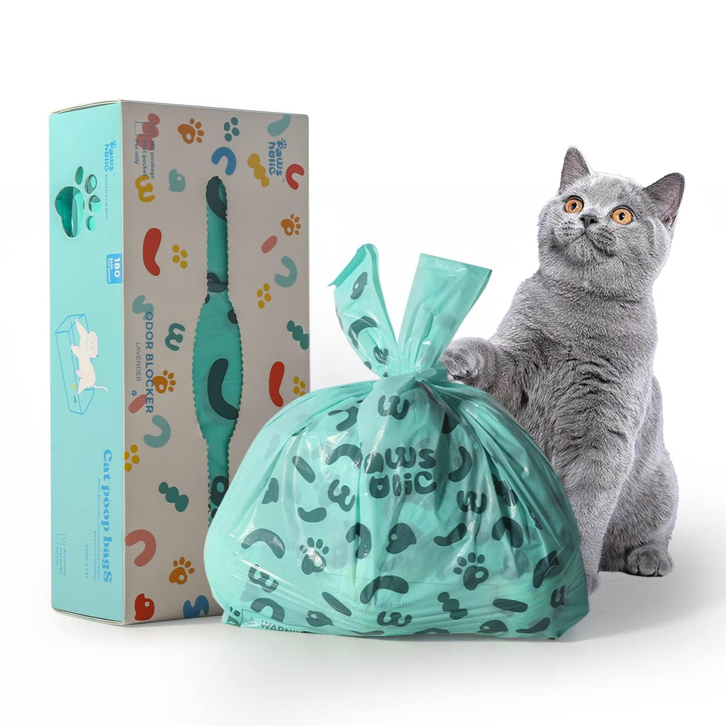 PAWSHOLIC Cat Poop Bags Cat Litter Bags with Handle, 180 Counts, Cornstarch Based Extra-Thick&Leak Proof Pet Waste Pick Up Bag (Lavender Scented)
