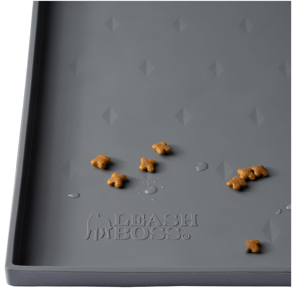 Leash Boss Waterproof Silicone Dog & Cat Placemat for Food and Water Bowls with Raised Edges, 18x11, Grey - Dog Water Mat - Cat Food Mat