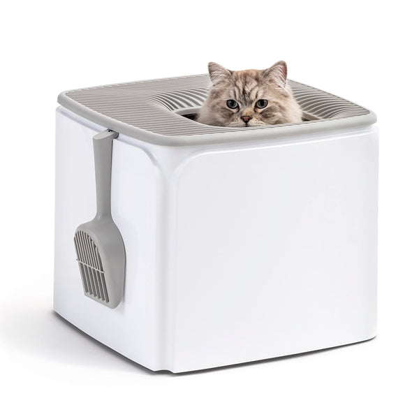 IRIS USA Premium Top Entry Cat Litter Box with Scoop, Square Enclosure for Cat and Kitty, White/Gray