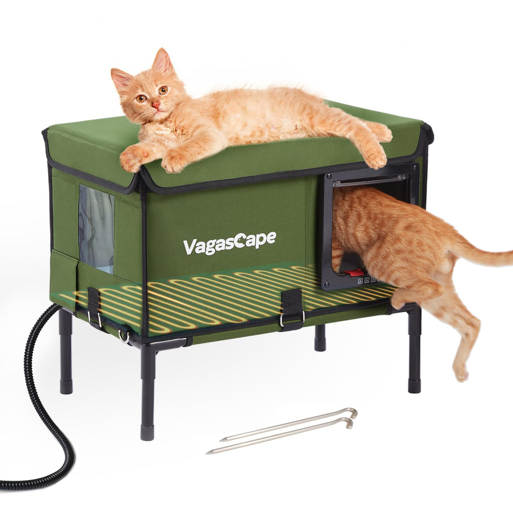 Heated Cat House for Outside 100% Waterproof Safe Two-Way Lock Door Insulated Outdoor Weatherproof Elevated Cat Shelter with Heater for Feral Barn Cat Kitty Green 21 x 18 x 13 in
