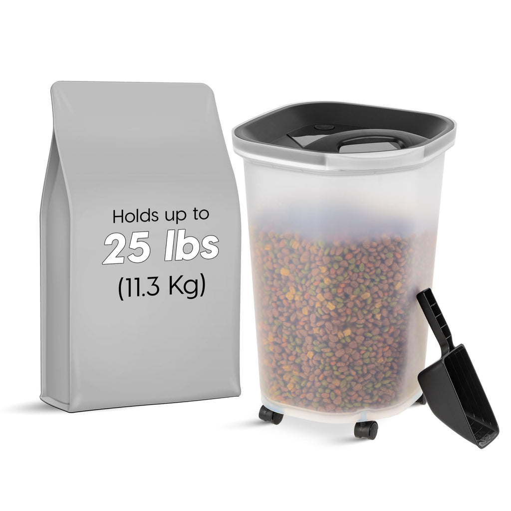 IRIS USA Airtight Dog Food Storage Container, Up to 25 lbs, Premium 60% Improved Airtightness with Seal & Air Valve, 2 Cup Scoop, Removable Wheels, Keep Fresh, Pet Food Bin Holder, Black