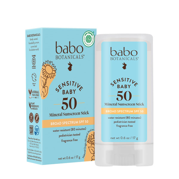 Babo Botanicals Sensitive Baby Mineral Sunscreen Stick SPF 50 - 70% Organic Ingredients - Zinc Oxide - NSF & MADE SAFE and EWG Certified - Water Resistant - Fragrance-Free - Babies & Kids