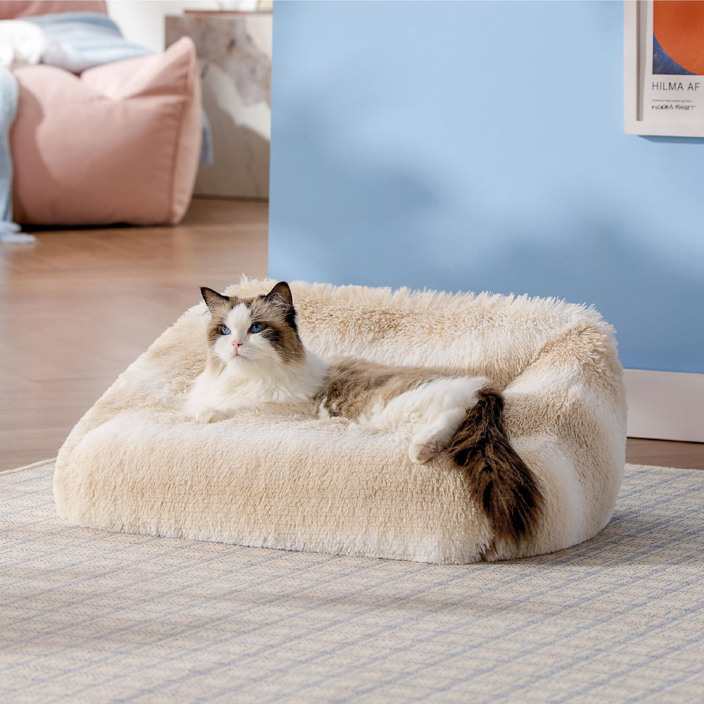 Lesure Cute Cat Bed Indoor - Furry Cat Bed Large, Washable Calming Small Dog Beds for Puppy with Fashion Design, 26x21x9inches, Beige Stripe