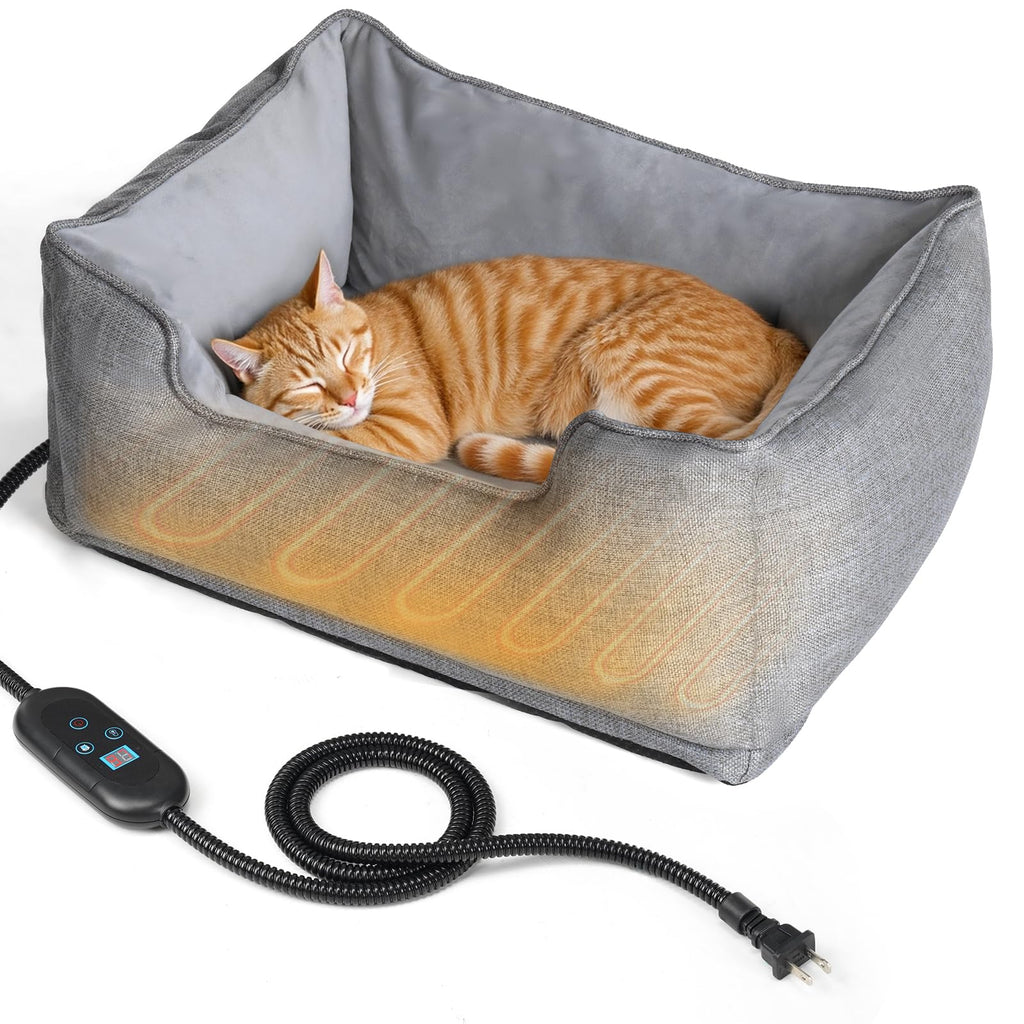 PETEMPO Heated Cat Bed Indoor, Heated Pet Bed with Adjustable Temperature & Timer, Pet Heating Pad for Kittens, Puppies, Dogs, Cats in Winter, UL & FCC Certified