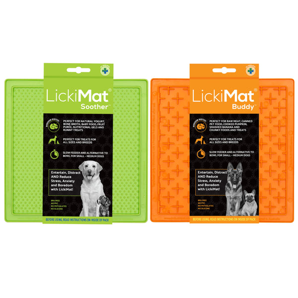 LickiMat 8"X8" Pack of 2 Slow Feeder for Dogs Boredom & Anxiety Reducer for Food Treats Yogurt Peanut Butter Fun Alternative to a Slow Feed Dog Bowl Classic Dog Buddy & Soother (Green & Orange)