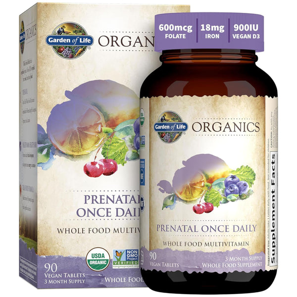 Garden of Life Organics Prenatal Vitamin: Folate for Energy & Healthy Fetal Development, Non-constipating Iron, Vitamin C, B6, B12, D3 – Organic, Non-GMO, Gluten-Free, Vegan, 90 Day Supply