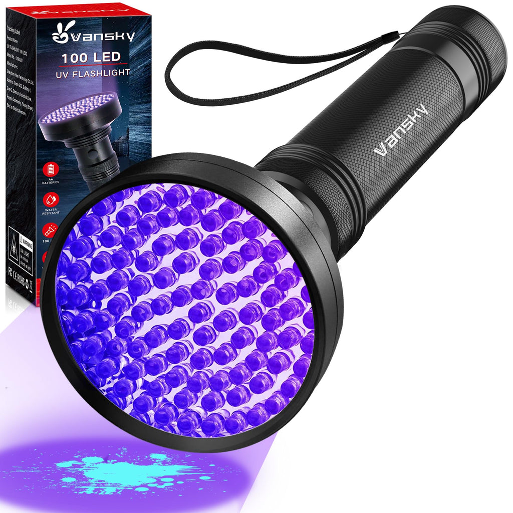 Vansky Black Light UV Flashlights, Ultra Bright 100 LED 395nm Ultraviolet Blacklight Detector for Dog Cat Pet Urine, Dry Stains and Bed Bug, Matching with Pet Odor Eliminator