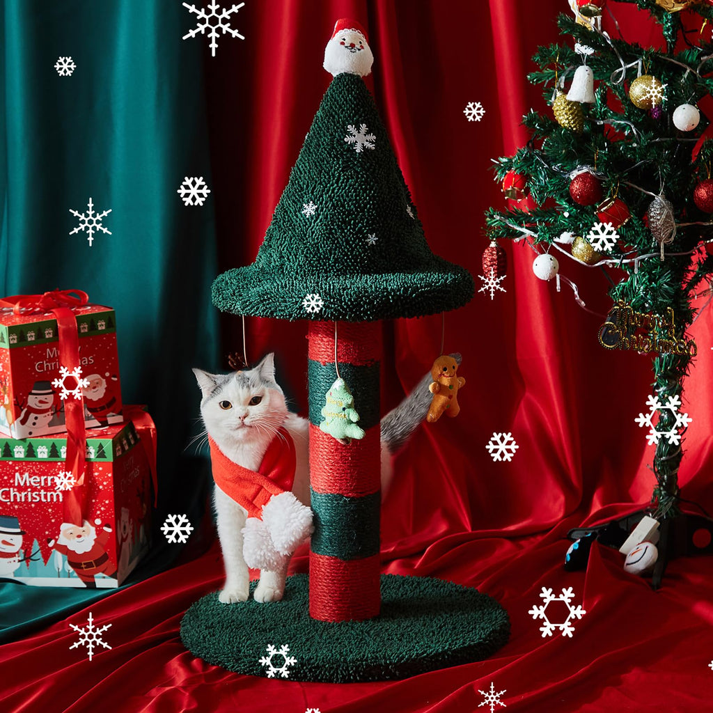 LUCKITTY Cat Scratching Post with 4 Hanging Plush Toy - Christmas Tree Alternative Give Your Cat a Toy and Scratching Post in One with This Ultimate Tree 30 * 15 Inch Red Green