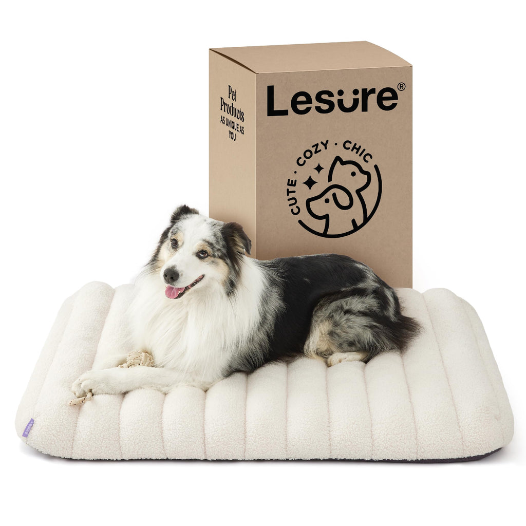 Lesure Cute Orthopedic Dog Bed Large Sized Dog, Waterproof Chic Flat Pet Beds with Removable Washable Cover, Fuzzy Thick Egg Crate Foam Pet Mat for Indoor Use (36" x 27", Cream)