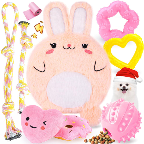 XIUGOAL Pink Puppy Toys - 9 Pack Puppy Chew Toys for Teething, Interactive Dog Toys for Puppies, Small Dog Toys with Squeaky Dog Chew Toys, Treat Ball and Ropes