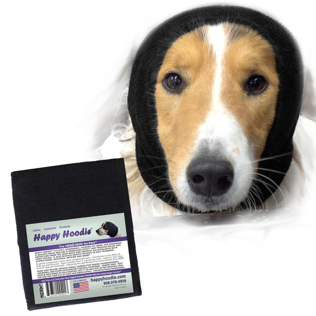 Happy Hoodie The Original Calming Band for Dogs & Cats - Anxiety Relief, Noise Canceling, and Grooming Tool Since 2008 (Large, Black)