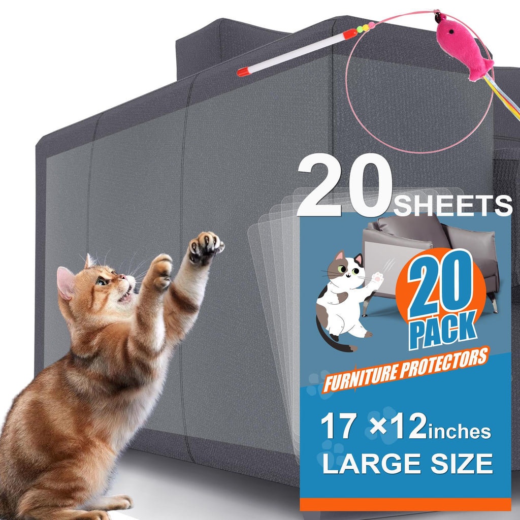 20-Pack Cat Scratch Furniture Couch Protector - Large Size 17x12inch Sofa Protectors Tape from Anti Cats Claws Scratching, Chair Corner Guards Cover for Cat Stop Scratching with 50 Twist Pins and Toy