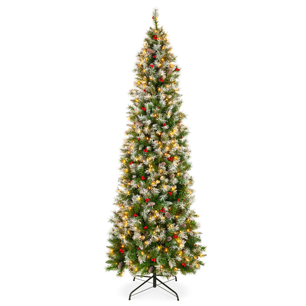 Best Choice Products 9ft Pre-Lit Pencil Christmas Tree, Partially Flocked Pre-Decorated for Home, Skinny Frosted Holiday Tree w/ 1,298 Tips, 460 Lights, Pine Cones, Metal Hinges & Base