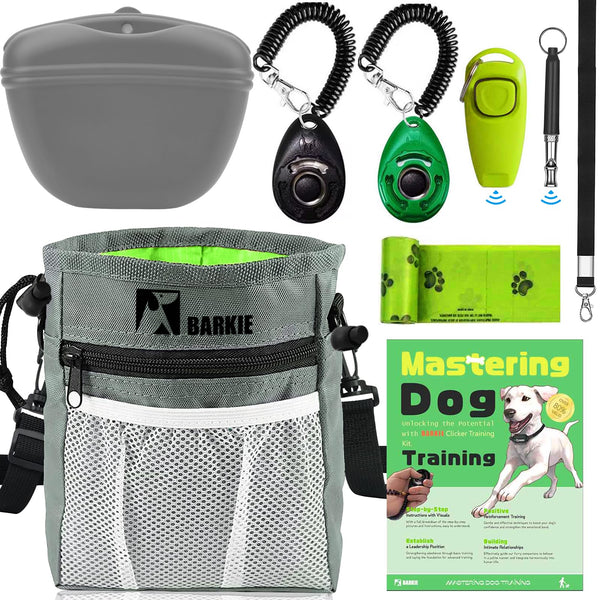 BARKIE Dog Training Kit - Treat Pouch, Pet Training Fanny Pack, 2 Puppy Training Clickers, Ultrasonic Silent Whistle, 2-in-1 Whistle Clicker, Clicker Training Guide Booklet, Dog Poop Bag (Grey)