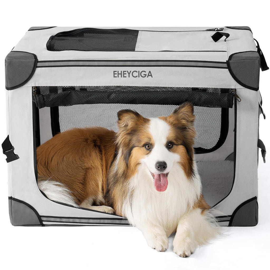 EHEYCIGA Collapsible Dog Crate 30 Inches, Portable Travel Crate for Medium Dogs, Soft Foldable Pet Kennel with 4-Door Mesh Windows Indoor & Outdoor, Grey